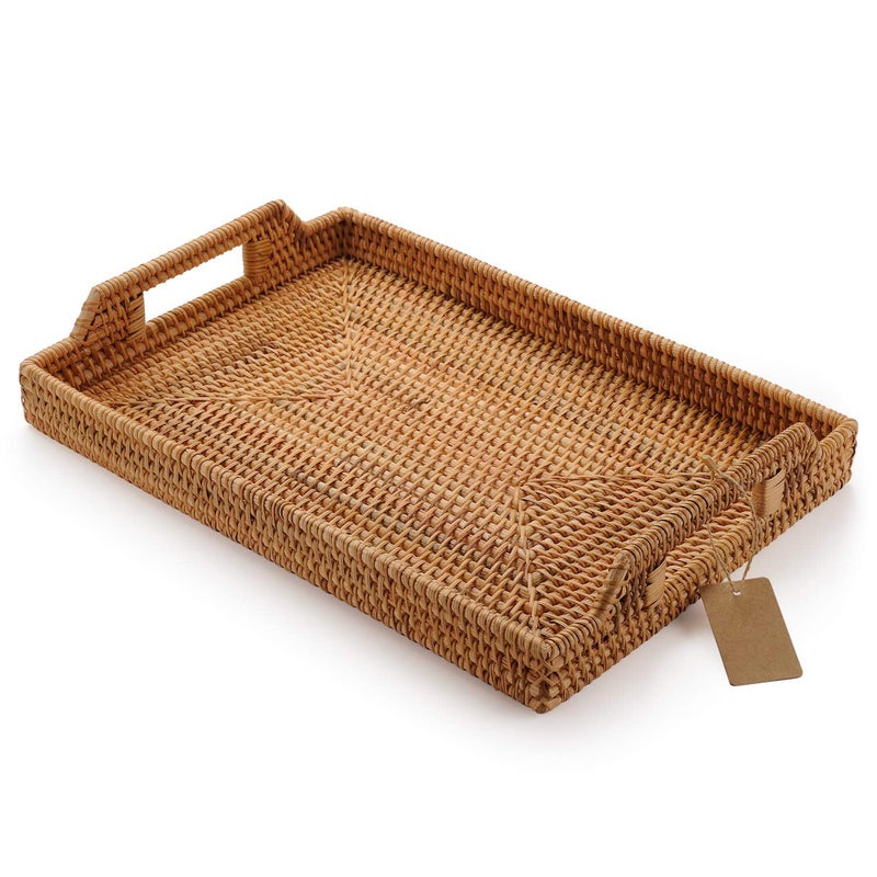 DECRAFTS Hand-Woven Rattan Rectangular Serving Tray with Handles for Breakfast, Drinks, Snack for Coffee Table (17x11.4x1.8inches) - Image 1
